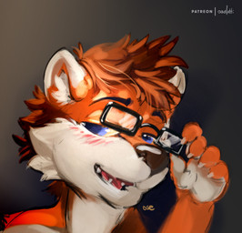 5_fingers anthro black_eyebrows blue_eyes blush brown_hair brown_nose cheek_tuft claws dipstick_ears ear_markings eyebrows eyewear facial_tuft fingers front_view fur glasses glistening glistening_eyes glistening_nose hair inner_ear_fluff looking_at_viewer male multicolored_ears narrowed_eyes open_mouth orange_body orange_ears orange_fur rectangular_glasses red_tongue short_hair solo teeth tongue tuft white_body white_claws white_ears white_fur white_inner_ear_fluff oselotti mammal mustelid otter bust_portrait hi_res portrait signature