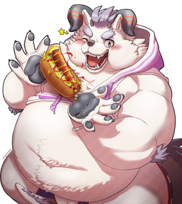 5_fingers anthro black_pawpads claws clothing fingers hair hoodie humanoid_hands male one_eye_closed overweight overweight_anthro overweight_male pawpads purple_hair topwear hugothecorgo lifewonders tokyo_afterschool_summoners behemoth_(tas) monster colored hi_res signature