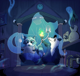 anthro biped black_nose bookshelf detailed_background furniture grey_body group humanoid_hands inside map night pink_nose walking white_body happyraccoons american_opossum ghost mammal marsupial procyonid raccoon spirit 2022 hi_res