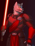 anthro armor clothing fur lightsaber male melee_weapon red_lightsaber sharp_teeth sith solo striped_body striped_fur stripes teeth weapon yellow_eyes blazbaros star_wars cathar felid mammal pantherine tiger 2025 3:4 hi_res