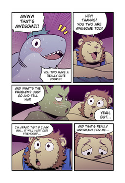 annoyed anthro blue_clothing blue_shirt blue_topwear blush bodily_fluids brown_hair close-up clothing crossed_arms cute_fangs dialogue eye_contact eyes_closed fangs five_frame_image fur gills green_body green_fur green_hair group hair half-closed_eyes happy head_on_arms looking_at_another male narrowed_eyes neck_fin open_mouth reluctant sharp_teeth shirt speech_bubble sweat teeth text topwear trio whiskers worried yellow_body t0l0k isaac_(t0l0k) scott_(t0l0k) ted_(t0l0k) aquatic domestic_cat felid feline felis fish lion mammal pantherine shark comic english_text hi_res multiple_scenes