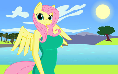 anthro anthrofied big_breasts breasts clothing cloud day dress feathered_wings feathers female grass hair lake long_hair mountain outside pink_hair plant sky smile solo sun teal_eyes tree water wings yellow_body yellow_feathers dnantti friendship_is_magic hasbro my_little_pony mythology fluttershy_(mlp) equid equine mammal mythological_creature mythological_equine pegasus 16:10 hi_res widescreen