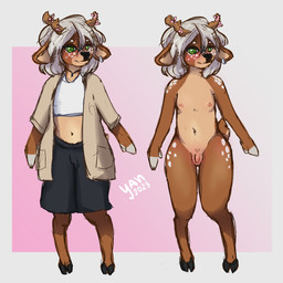 anthro antlers chibi clothed clothing femboy flaccid flower foreskin genitals hooves horn humanoid_genitalia male nude penis plant small_penis solo tail tail_tuft tuft yan yan_(character) cervine deer mammal 1:1 hi_res nonbinary_(lore)