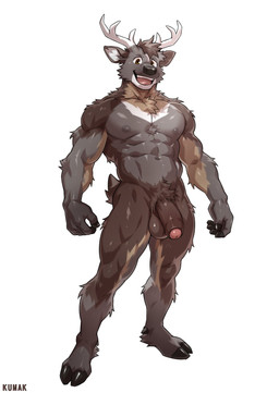 5_fingers abs anthro antlers biceps big_penis black_penis brown_eyes brown_hair feet fingers flaccid foreskin fur fur_markings genitals hair happy horn looking_at_viewer male markings multicolored_body multicolored_fur muscular open_mouth pecs penis simple_background smile solo standing white_background white_body white_fur kumak71395 deer mammal 2026 hi_res