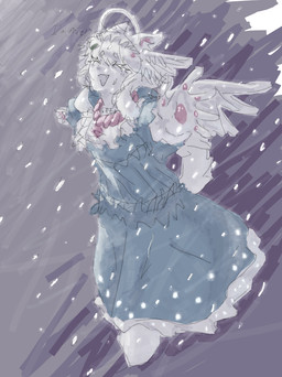 accessory anthro clothing dress eyelashes eyes_closed female hair_accessory hairclip happy open_mouth snow snowing solo wings toastedeh felid feline mammal