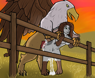 ahegao ambiguous_penetration anthro anthro_on_feral bestiality big_ears big_penis bite biting_lip biting_own_lip bodily_fluids brown_hair butt calico_pattern claws cum cum_inside cum_on_body cum_on_butt cum_on_ground cum_on_leg cum_on_tail cum_pool doggystyle dominant dominant_feral duo excessive_cum excessive_genital_fluids feathers female female_on_feral fence feral field floppy_ears from_behind_position fucked_silly fur genital_fluids genitals grass green_eyes hair interspecies knot larger_feral larger_male leaking_cum looking_pleasured lop_ears male male/female messy_hair mounting penetration penile penile_penetration penis plant self_bite sex size_difference smaller_female smaller_penetrated smile standing standing_sex sunset tail white_body white_feathers white_fur wings yellow_eyes huronapicante mythology riley_(huronpicante) avian gryphon lagomorph leporid mammal mythological_avian mythological_creature rabbit hi_res