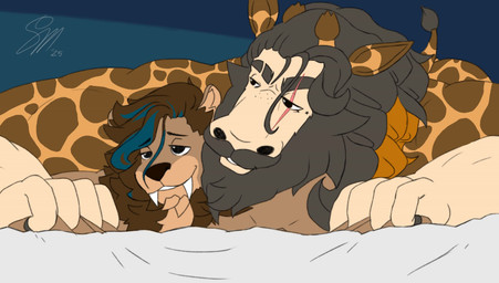 adam's_apple anal anal_penetration anthro barazoku beard bed bed_sheet bedding bedroom blue_hair bodily_fluids body_hair brown_body brown_eyes brown_fur brown_hair chest_tuft curly_hair dominant duo ear_piercing eye_scar facial_hair facial_piercing facial_scar fingers from_behind_position front_view fur furniture genital_fluids grey_hair hair heart_symbol highlights_(coloring) hooved_fingers hooves larger_dom lip_piercing long_beard looking_pleasured male male/male markings mole_under_eye musclegut muscular muscular_anthro muscular_male mustache nude nude_male penetration piercing scar sex shirtless shirtless_anthro shirtless_male size_difference spots spotted_body spotted_fur tall text tuft starmoral mora_giraffe_(starmoral) felid giraffe giraffid lion mammal pantherine 2025 animated hi_res no_sound short_playtime video