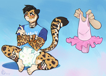 4_fingers 4_toes ageplay anthro black_hair blue_background blue_clothing blue_shirt blue_t-shirt blue_topwear blush bottomwear clean_diaper clothed clothing crossed_arms dancewear diaper duo embarrassed feet fingers flushed fur fur_markings gradient_background hair male markings pink_clothing raised_tail roleplay shirt simple_background skirt solo_focus spots spotted_body spotted_fur striped_body striped_fur stripes t-shirt tail text toes topwear tutu wearing_diaper blueozzy bluey_(series) kembajaguar felid jaguar mammal pantherine digital_media_(artwork) hi_res signature