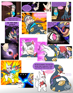 attack black_claws black_hair claws clothing duo fangs female feral_transformation fur glowing glowing_eyes hair hat headgear headwear human_to_feral male markings pink_eyes pink_nose pink_sclera purple_markings red_body red_claws red_fur red_markings red_sclera species_transformation teeth text tongue transformation white_body white_fur white_hair yellow_markings hypnosiswolf nintendo pokemon generation_3_pokemon herpestid mammal mongoose pokemon_(species) reptile scalie seviper snake zangoose 2020 comic english_text hi_res watermark