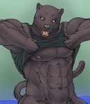 anthro bottomless clothed clothing clothing_lift looking_at_viewer male melanistic muscular muscular_anthro muscular_male nipples shirt shirt_lift solo tail tank_top topwear undressing yellow_eyes gemini_kemono felid mammal pantherine