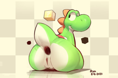 ?_block anal anal_fluids anthro anus big_butt bodily_fluids butt checkered checkered_background female gaping gaping_anus genitals green_body looking_back pattern_background raised_tail rear_view reflection simple_background sitting smile solo tail tail_anus vulva aymbord mario_bros nintendo green_yoshi yoshi 2023 dated digital_drawing_(artwork) digital_media_(artwork) hi_res