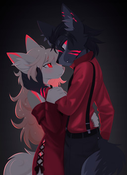 5_fingers anthro arm_markings arm_scar belt bent_arm black_belt black_body black_bottomwear black_clothing black_fur black_hair black_nose black_pants black_suspenders blush bottomwear claws clothed clothed_anthro clothed_female clothed_male clothing cute_fangs dipstick_ears dress duo ear_markings ear_scar eye_contact eyebrows facial_markings facial_scar fangs female female_anthro finger_claws fingers fur furgonomic_bottomwear furgonomic_pants furgonomics glowing glowing_markings gradient_background gradient_hair grey_background grey_body grey_eyes grey_finger_claws grey_fur grey_inner_ear grey_inner_ear_fluff hair hand_on_another's_arm hand_on_another's_head hand_on_another's_hip hand_on_arm hand_on_head hand_on_hip hand_on_partner's_arm hand_on_partner's_head hand_on_partner's_hip head_markings humanoid_hands inner_ear_fluff intimate light_hair light_nose long_hair looking_at_another looking_at_partner male male/female male_anthro markings mouth_closed multicolored_ears notched_ear one_fang pants pink_hair pointy_ears prick_ears red_clothing red_dress red_ear_tips red_eyes red_markings red_sclera red_shirt red_topwear scar shirt shoulder_markings simple_background sparkles sparkling_hair standing suspenders teeth topwear tuft white_body white_fur white_inner_ear_fluff rednroge canid mammal 2024 digital_media_(artwork) hi_res