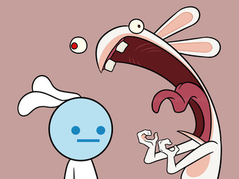 :| ambiguous_anthro ambiguous_gender anthro arms_bent blue_eyes blue_head brown_background buckteeth duo fur gums hand_pawpads long_ears mitten_hands mouth_closed multicolored_body noseless open_mouth pawpads red_eyes red_gums red_tongue simple_background tan_body tan_inner_ear tan_pawpads tan_skin teeth text tongue two_tone_body white_body white_fur insertthenewblhere raving_rabbids rayman_(series) ubisoft lagomorph mammal rabbid 2025 4:3 animated artist_name digital_media_(artwork) english_description flat_colors hi_res