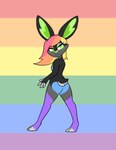 anthro blue_butt blush butt butt_heart female green_eyes green_nose hair heart_ears heart_symbol leg_markings lgbt_pride looking_at_viewer markings multicolored_body multicolored_hair rainbow rainbow_background rainbow_body rainbow_eyeshadow rainbow_hair simple_background six-stripe_rainbow_pride_colors socks_(marking) solo standing tiddysoft lagomorph leporid mammal rabbit hi_res