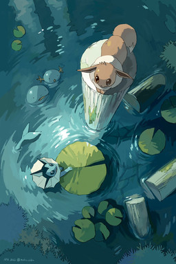 blue_body brown_body brown_ears brown_fur brown_tail column ears_down feral fur group lily_pad open_mouth partially_submerged pivoted_ears plant tail water mokuzo nintendo pokemon eevee eeveelution generation_1_pokemon generation_2_pokemon pokemon_(species) quagsire vaporeon wooper 2022 dated hi_res signature
