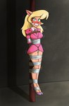 anthro bdsm big_breasts blush bondage bound bound_midriff breasts cleave_gag clothing crotch_rope female footwear gag high_heels necktie panties restraints rope rope_bondage shoes solo tape tape_bondage topwear underwear zeecibee hanna-barbera swat_kats callie_briggs domestic_cat felid feline felis mammal hi_res