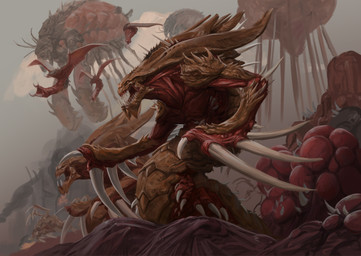 male not_furry open_mouth overlord_(starcraft) spines teeth neungsonie blizzard_entertainment starcraft hydralisk_(starcraft) mutalisk_(starcraft) zerg zergling absurd_res colored hi_res