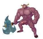 2_horns abs anthro axe balls facial_piercing genitals holding_axe holding_object holding_weapon hooves horn humanoid_genitalia humanoid_penis male muscular muscular_anthro muscular_male nose_piercing nude pecs penis piercing purple_balls purple_body purple_penis simple_background solo weapon white_background peapeafur lego lego_monkie_kid demon_bull_king bovid bovine cattle mammal hi_res