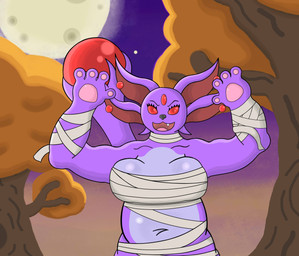 4_ears anthro bandage bandaged_arm bandaged_chest bandaged_leg bandaged_neck ear_piercing ear_ring fangs female forehead_gem gem light moon moonlight multi_ear mummy_costume mummy_wrappings navel no_pupils pawpads piercing plant red_eyes ring_piercing slightly_chubby solo star tail_gem teeth tree elmeganoob mythology yu-gi-oh! beatriz_(elmeganoob) crystal_beast_ruby_carbuncle crystal_beast duel_monster mammal mythological_carbuncle mythological_creature absurd_res hi_res