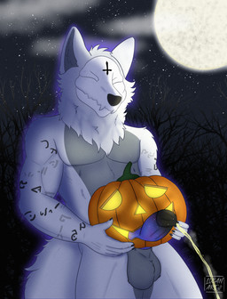 animal_genitalia animal_penis anthro athletic athletic_anthro athletic_male balls bodily_fluids bone canine_genitalia canine_penis cosmic_penis cross erection eyes_closed food fruit fullmoon fur genital_fluids genitals grey_body grey_fur inverted_cross knot male musk outside peeing penetration penis plant pumpkin runes skull skull_head solo tail urine watersports white_body white_fur lubanart asylumcursed canid canine mammal skulldog_(species) absurd_res hi_res