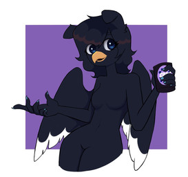 anthro black_body black_feathers blue_eyes breasts container crossgender cup eyebrows feathers featureless_breasts featureless_crotch female navel non-mammal_breasts non-mammal_navel small_breasts solo tail wide_hips wings sweet_mei avian bird canid canine galliform hybrid mammal hi_res