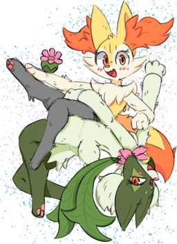 3_fingers action_pose ambiguous_anthro ambiguous_gender anthro arm_tuft biped black_body black_fur blush blush_lines blush_stickers breasts cheek_tuft chest_tuft digitigrade dipstick_tail duo eyelashes facial_tuft fangs feet female female_anthro fingers flat_chested flesh_fang flower_trick fur green_body green_fur green_hair green_tail hair hindpaw inner_ear_fluff leg_tuft looking_at_viewer markings multicolored_body open_mouth open_smile orange_body orange_eyes orange_fur orange_inner_ear_fluff orange_tail_tip pawpads paws pink_pawpads pointy_ears pose prick_ears red_eyes shoulder_tuft side_view simple_background small_breasts smile tail tail_markings tapering_snout teeth thigh_tuft tongue tuft two_tone_tail white_body white_fur yellow_body yellow_fur yellow_tail se1t nintendo pokemon braixen canid felid generation_6_pokemon generation_9_pokemon mammal meowscarada pokemon_(species) 2025 absurd_res cel_shading colored colored_sketch digital_drawing_(artwork) digital_media_(artwork) english_description hi_res shaded sketch