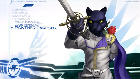 5_fingers accessory anthro belt cape clothing fingers flower flower_in_mouth male melee_weapon plant rose_(flower) rose_in_mouth solo suit sword text weapon jecbrush nintendo star_fox panther_caroso felid mammal pantherine 16:9 2012 digital_drawing_(artwork) digital_media_(artwork) english_text widescreen