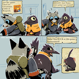 ambiguous_gender anthro avian_feet beak big_butt black_body black_nose blue_eyes blush board_game bodily_fluids butt cheek_tuft clothed clothing corvid_conspiracy_(root) cum cum_on_penis cumshot dialogue duo ejaculation erection facial_markings facial_tuft feathers feet fur genital_fluids genitals grey_body grey_fur head_markings hot_dogging male markings mask_(marking) on_ground open_mouth parody partially_clothed penis pubes raised_tail red_penis scarf sex smile smiling_at_another smiling_at_partner speech_bubble striped_markings striped_tail stripes tail tail_feathers tail_markings text tongue tongue_out tuft yellow_eyes half_dime root_(game) vagabond_(root) avian bird corvid mammal oscine passerine procyonid raccoon 1:1 absurd_res comic english_text hi_res