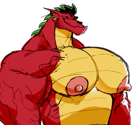 anthro big_muscles big_nipples big_pecs ear_piercing ear_ring looking_at_viewer male muscular muscular_male nipples pecs piercing ring_piercing simple_background smile solo thick_neck white_background tora_gy american_dragon:_jake_long disney mythology jake_long dragon mythological_creature mythological_scalie scalie hi_res