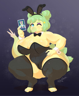5_fingers 5_toes abstract_background anthro belly big_breasts big_tail black_clothing black_legwear black_leotard black_stockings blue_eyes bodily_fluids bow_tie breasts bunny_costume card claws cleavage clothed clothing costume crouching curvy_figure double_bun eyelashes eyeshadow fake_ears fake_rabbit_ears feet female finger_claws fingers glistening glistening_arms glistening_body glistening_breasts glistening_legs glistening_scales glistening_thighs green_hair hair hair_bun huge_breasts huge_hips huge_thighs legwear leotard long_tail looking_at_viewer makeup medium_hair playboy_bunny purple_claws purple_eyeshadow scales slightly_chubby smile snout solo spiked_tail spikes spikes_(anatomy) stockings sweat sweatdrop tail tarot tarot_card text thick_thighs toes tongue tongue_out voluptuous voluptuous_anthro voluptuous_female wide_hipped_anthro wide_hipped_female wide_hips yellow_body yellow_scales garavakarian goodbye_volcano_high ko_op_(game_developer) stella_(gvh) dinosaur ornithischian prehistoric_species reptile scalie stegosaurian stegosaurus thyreophoran 2026 absurd_res artist_name digital_drawing_(artwork) digital_media_(artwork) hi_res signature