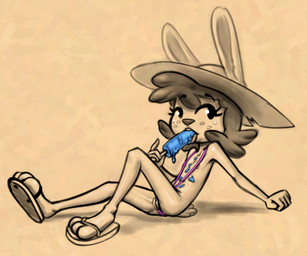 3_toes anthro arm_support backward_arm_support bent_leg buckteeth clothing eyelashes feet female female_anthro flat_chested food footwear freckled_face freckles furgonomic_hat furgonomic_headwear furgonomics genitals hair hat headgear headwear holding_food holding_object holding_popsicle leaning leaning_backward looking_at_viewer nipple_slip one-piece_swimsuit open_mouth popsicle popsicle_in_mouth popsicle_melting pussy_floss sandals scut_tail shoes short_tail simple_background sitting sling_bikini solo sun_hat swimwear tail teeth toes vulva young young_anthro young_female soulcentinel angel_hare the_east_patch fan_character joy_rabbit lagomorph leporid mammal rabbit 2026 digital_drawing_(artwork) digital_media_(artwork) full-length_portrait monochrome portrait sepia shaded spot_color