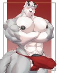 abs anthro balls barazoku biceps big_pecs black_nipples black_nose bodily_fluids bulge clothed clothing crossed_arms cum cum_in_clothing cum_in_jockstrap cum_in_underwear cum_through_clothing cum_through_jockstrap fur genital_fluids genitals grey_body grey_fur hair horn huge_pecs humanoid_genitalia humanoid_penis jockstrap lactating looking_at_viewer male male_lactation muscular muscular_anthro muscular_male nipples partially_clothed pecs penis simple_background solo speedo speedo_only swimwear tail thick_penis topless topless_anthro topless_male underwear vein veiny_penis wet wet_clothing white_body alvedo_vhiich jhar_othim_(character) canid canine canis mammal wolf absurd_res digital_media_(artwork) hi_res