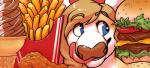 blonde_hair blue_eyes burger chicken_meat dessert female food fried_chicken fries hair ice_cream licking licking_lips licking_own_lips meat self_lick solo tongue tongue_out jinash jinash_(character) bovid bovine cattle mammal