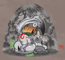 belly big_belly butt digestion_noises female feral forest fur genitals lying markings on_front onomatopoeia open_mouth outside overweight plant rumbling_stomach solo sound_effects tail teeth text tongue tree vore vulva white_body white_fur yellow_eyes awoogasm capcom okami_(capcom) amaterasu_(okami) canid canine canis deity mammal wolf 2021 absurd_res digital_media_(artwork) english_text hi_res