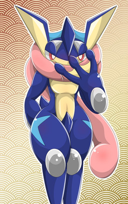 ambiguous_gender anthro pattern_background red_eyes simple_background smile solo standing type nintendo pokemon amphibian generation_6_pokemon greninja pokemon_(species) 2015 hi_res