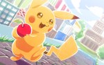 ambiguous_gender apple cloud day detailed_background food fruit open_mouth open_smile plant sky smile solo yellow_body ningukt nintendo pokemon generation_1_pokemon pikachu pokemon_(species) 2019