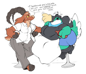 abdominal_bulge alcohol anthro beak beverage bloated bottomwear bovid_horn breasts brown_body brown_fur caprine_horn cheek_bulge clothing dialogue feathers female fur furniture goat_horn green_body green_feathers group hooves horn long_ears male oral_vore overweight pants shirt sitting small_tail stool tail tail_feathers text topwear trio vore white_feather boot_(artist) carrie_(qweave) montana_(boot) avian bird bovid caprine goat mammal 2019 english_text