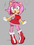 accessory anthro big_breasts boots bracelet breasts clothing dress female footwear gloves gold_(metal) gold_bracelet gold_jewelry green_eyes hair_accessory hairband handwear jewelry leg_strap looking_at_viewer open_mouth pink_body shocked shoes solo tail jakku_achoo sega sonic_the_hedgehog_(series) amy_rose eulipotyphlan hedgehog mammal