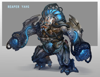 anthro biped blue_eyes cannons creepy cybernetics death machine male multi_eye nightmare_fuel sharp_teeth solo standing teeth andrewryanart bioware electronic_arts mass_effect alien cyborg hybrid yahg absurd_res hi_res