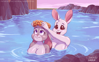 anthro big_breasts breasts duo eyelashes female female/female flower flower_crown hot_spring nude onsen open_mouth open_smile partially_submerged plant purple_eyes rock skinny_dipping smile text water jayheartwing beastars disney zootopia haru_(beastars) judy_hopps european_rabbit lagomorph leporid mammal oryctolagus rabbit 2025 hi_res signature url