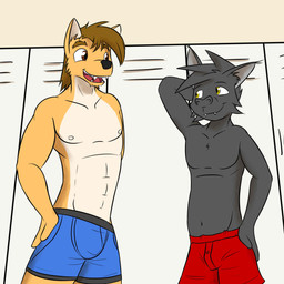 anthro blue_clothing blue_underwear boxers_(clothing) clothed clothing duo locker locker_room male nipples open_mouth red_clothing red_underwear teeth topless underwear fuze texnatsu kenta_yamashita mond_reyes bat canid canine canis coyote mammal 1:1 hi_res