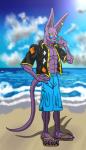 5_toes abs beach claws clothing detailed_background feet footwear hairless light male outside pecs purple_body purple_skin sand sandals seaside shoes sky solo sunlight text toes water zgrooz dragon_ball dragon_ball_super beerus deity domestic_cat felid feline felis hairless_cat mammal sphynx_(cat) 2018 english_text hi_res