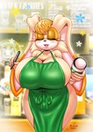 anthro apron apron_only big_breasts blush breasts clothing coffee_cup coffee_shop container cup eyes_closed female flower hi_res holding_container holding_cup holding_object holding_pen huge_breasts i_mean_breast_milk lagomorph leporid mammal marker mature_female meme michiyoshi mostly_nude pen plant rabbit sega solo sonic_the_hedgehog_(series) vanilla_the_rabbit wide_hips