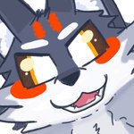 anthro canid canine canis derp_eyes facial_tuft feral front_view fur grey_body grey_fur hi_res kemono male mammal neck_tuft open_mouth orange_body orange_fur profile pupils smile solo standing teeth tuft turix white_body white_eyes white_fur white_pupils wolf