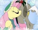 antlers berry clothing duo eyes_closed fangs female food fruit hair hat headgear headwear holly_(plant) horn kissing kissing_cheek male one_eye_closed pink_hair plant red_eyes scarf snow snowflake sparkles teeth winter_hat yellow_body grievousfan friendship_is_magic hasbro my_little_pony discord_(mlp) fluttershy_(mlp) chimera draconequus equid equine horse mammal pony 2013 absurd_res digital_media_(artwork) hi_res