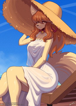 anthro biped black_nose breasts clothed clothing detailed_background dress female fingers fur hair hat headgear headwear jewelry looking_at_viewer necklace sitting solo tail teeth lyorenth-the-dragon undertale_(series) undertale_yellow ceroba_ketsukane canid canine fox mammal hi_res