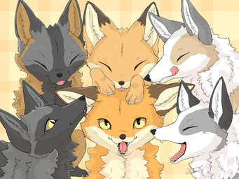 ambiguous_gender black_body black_fur black_nose brown_body brown_fur claws dipstick_ears ear_markings eyes_closed fangs feral fur grey_body grey_fur group inner_ear_fluff licking licking_lips lips markings multicolored_body multicolored_ears multicolored_fur open_mouth orange_body orange_fur pink_tongue simple_background teeth tongue tongue_out tuft white_body white_fur yellow_eyes fusau canid canine cross_fox fox mammal platinum_fox red_fox silver_fox true_fox 2026 4:3 hi_res
