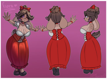 anthro belly big_breasts blouse border breasts brown_body brown_fur brown_hair clothing collar dress female fur hair happy neckline one_eye_closed purple_eyes red_clothing red_dress ribbons short_hair solo topwear waitress_uniform white_border wink macarroni fiora_(melleacomic) lagomorph leporid mammal rabbit hi_res model_sheet