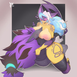 anthro anthro_on_anthro areola between_breasts big_breasts big_hair blue_hair blush bottomless breasts clothed clothing duo eyes_closed face_in_breasts female from_front_position fur grey_body grey_fur hair happy happy_sex head_between_breasts heart_symbol inverted_nipples legwear long_hair male male/female mastery_position nipples partially_clothed purple_body purple_fur purple_hair sex shirt text thick_thighs thigh_highs tied_hair topwear whiskers wide_hips yellow_body yellow_fur vilf nintendo pokemon kasumi_(liepard) canid felid generation_5_pokemon liepard mammal pokemon_(species) zoroark 1:1 2023 artist_name dated english_description hi_res