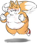 2_tails anthro belly blush bodily_fluids flying fur helicopter_tail male moobs multi_tail navel nipples orange_body orange_fur overweight overweight_male solo struggling sweat tail thick_thighs young bernado_alte sega sonic_the_hedgehog_(series) miles_prower canid canine fox mammal low_res